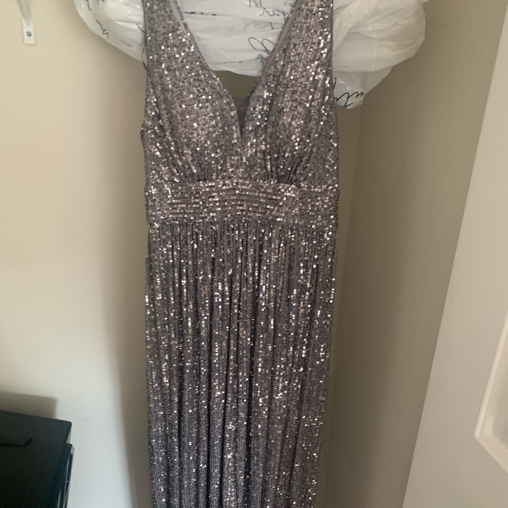 Sequined evening gown, gun metal color